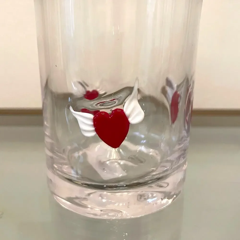 Icon Winged Heart Inlay Drinking Glasses 5in Set of 2 Red White Valentine NEW